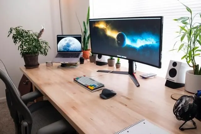 Timber desk with computer monitors, black chairs and indoor plants.