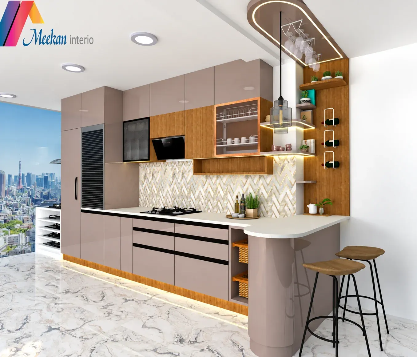 Architectural kitchen render with taupe cabinets, timber accents and a curved breakfast counter.