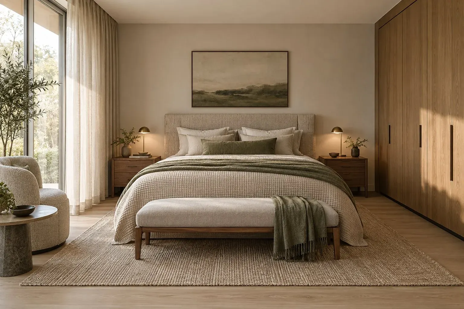 Concept bedroom with an upholstered bed and fitted wardrobes.