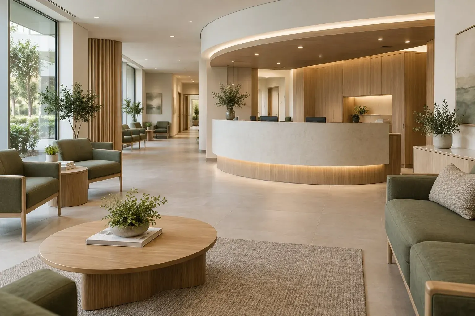 Concept clinic reception with a curved desk and waiting seats.