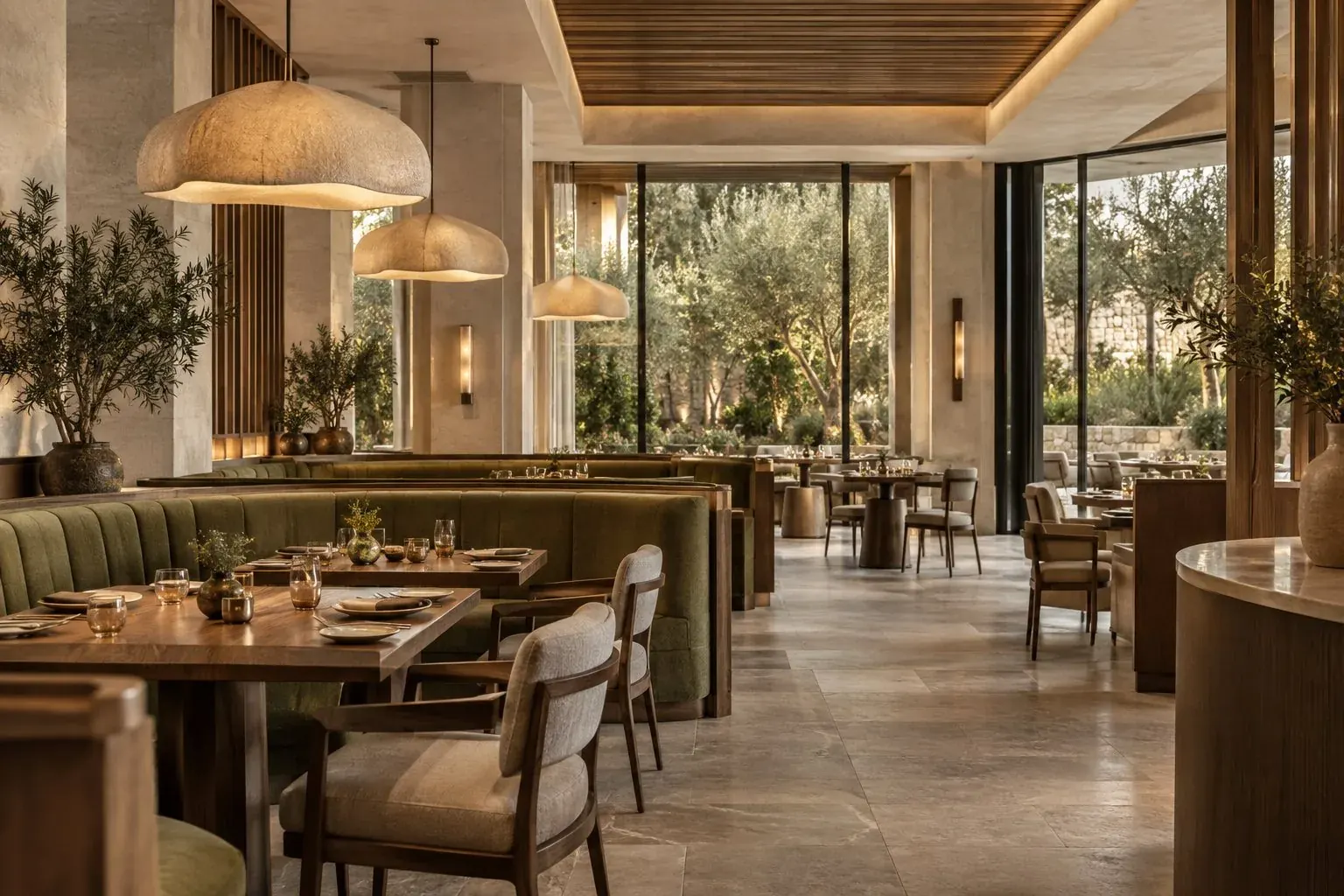 Concept restaurant with timber tables, plants and pendant lighting.