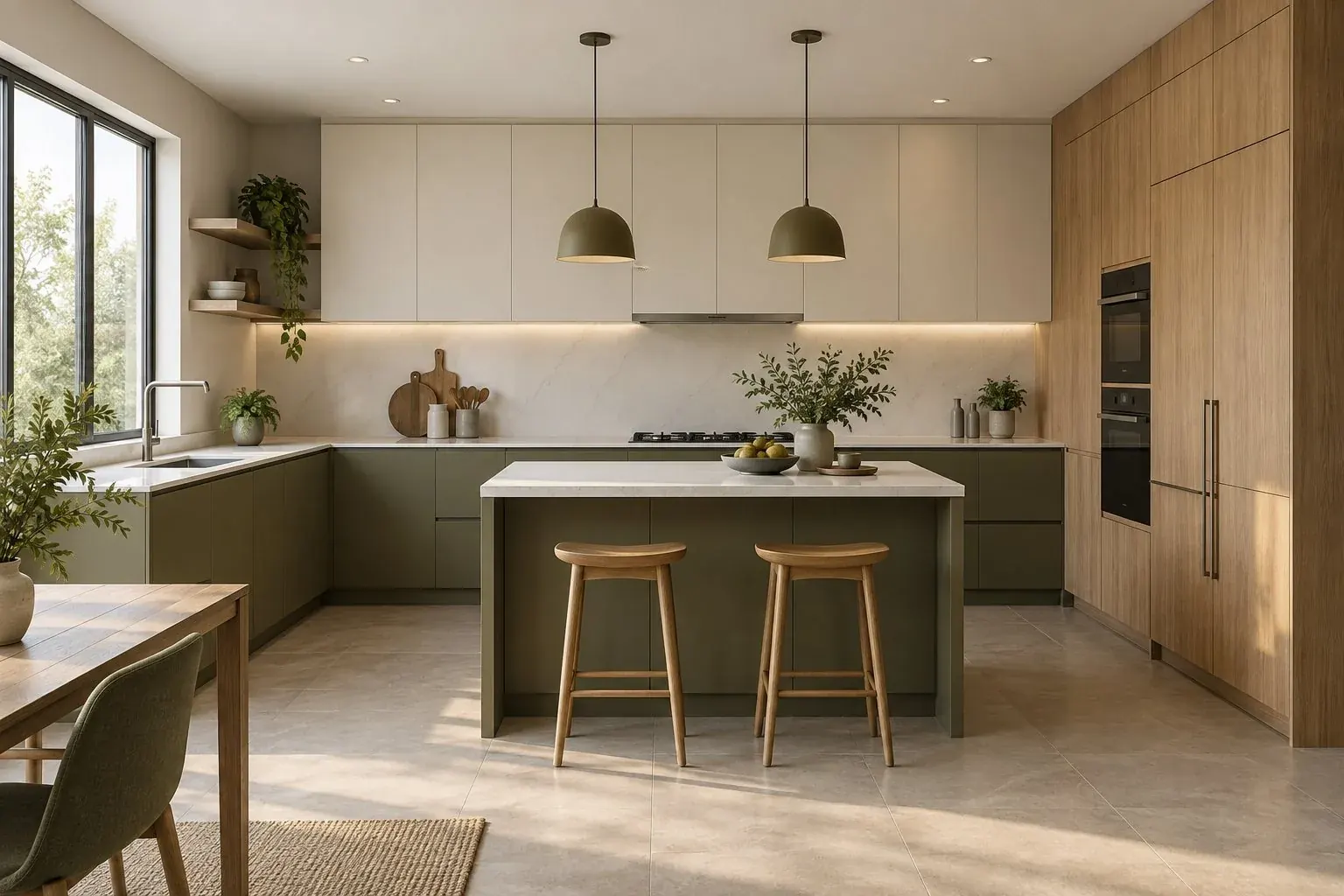 Concept kitchen with green cabinets and a stone island.