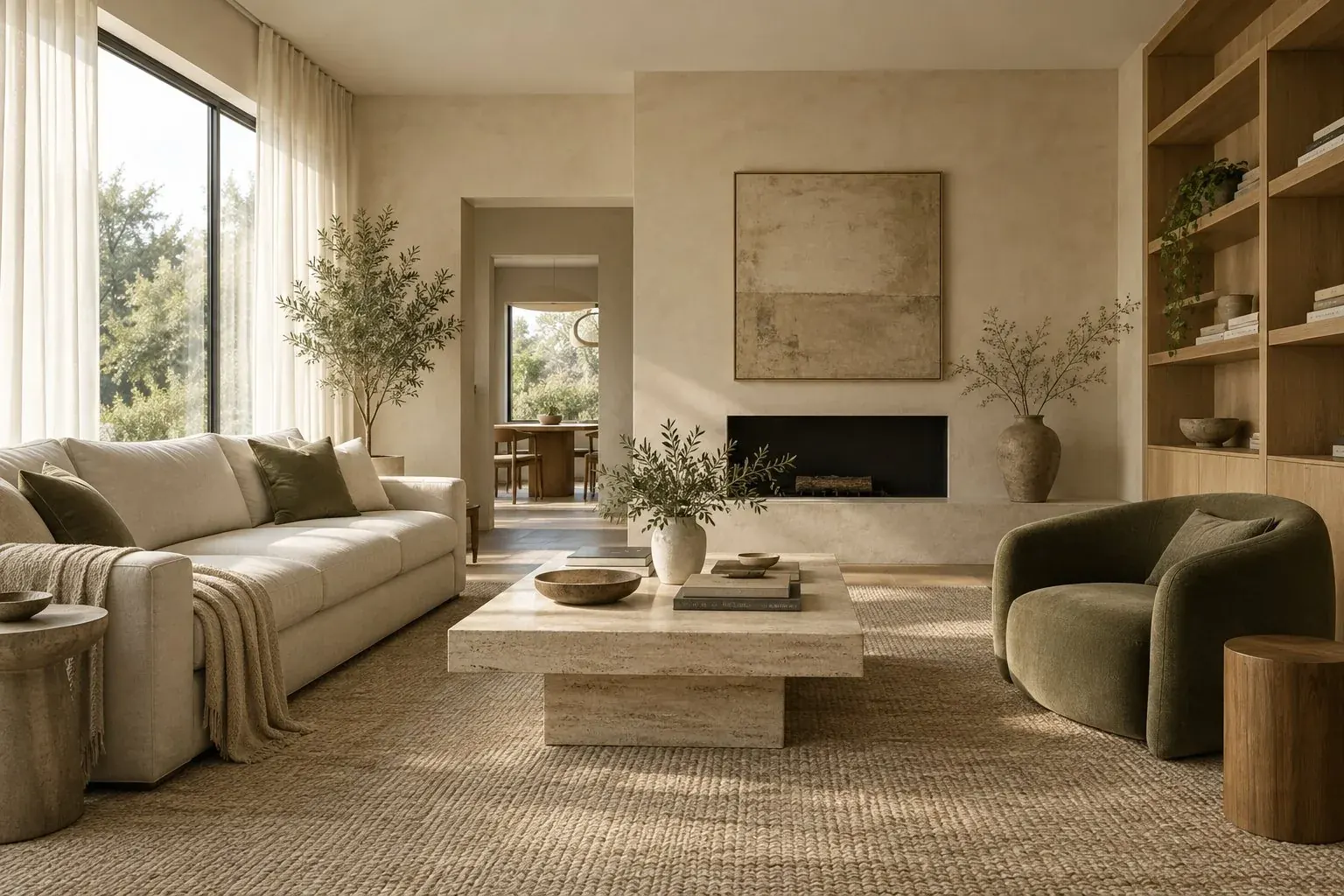 Concept living room with a fireplace, timber shelving and upholstered seating.