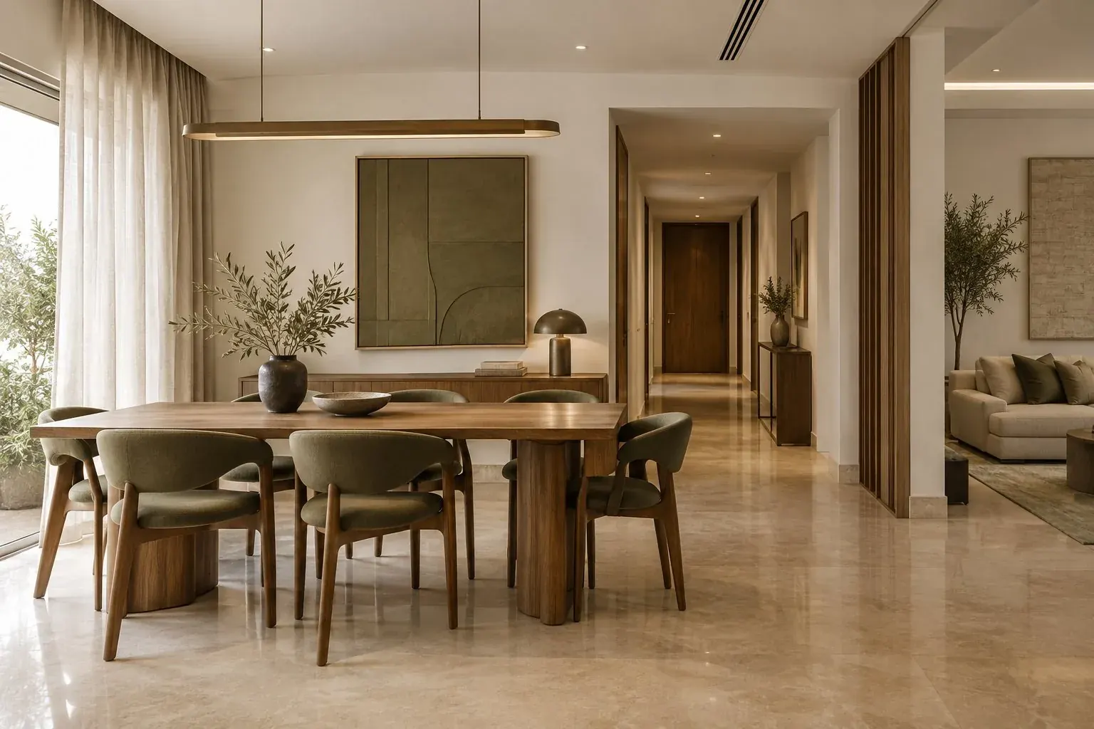 Concept dining area with a timber table, upholstered chairs and shelving.